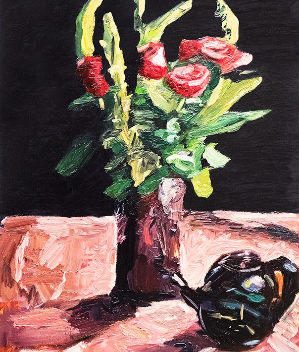 Roses in Tall Black Vase